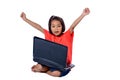 Cute little Asian girl child sitting on the floor studying or using laptop isolated on white background Royalty Free Stock Photo