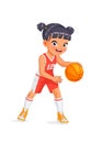 Cute little Asian girl playing basketball. Cartoon vector illustration. Royalty Free Stock Photo