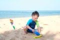 Cute little Asian kid, kindergarten boy sitting & playing children`s beach toys at the beach, Sensory play with sand concept
