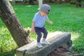 Cute little Asian 18 months / 1 year old toddler baby boy child walking on balance beam in the park on nature in summer Royalty Free Stock Photo