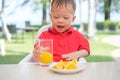 Asian 1 year old toddler baby boy child sitting in high chair holding & drinking tasty orange juice Royalty Free Stock Photo