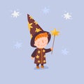 Cute little astrologer with hat, dress and gold star stick in hand. Young boy in wizard costume. Cartoon character.