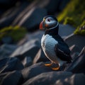 cute little Atlantic puffin in sunrise background on rocks.