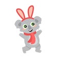 Cute little australian koala bear wombat big eyes smiles dancing dressed up in ears and a scarf. cartoon flat vector