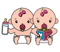 cute little babies girls with bottle milk and block Royalty Free Stock Photo
