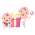 cute little babies girls with gift and block Royalty Free Stock Photo