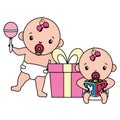 cute little babies girls with gift and block Royalty Free Stock Photo