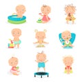 Cute little babies and their daily routine set. Happy smiling little boys and girls vector illustrations Royalty Free Stock Photo