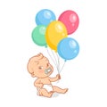 Cute little baby boy with bunch of hot air balloons in hand.