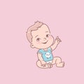 Cute little baby boy in diaper, blue t-shirt, start sitting
