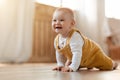 Cute little baby boy discovering world, crawling by home Royalty Free Stock Photo