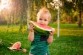 Cute little baby boy eating big slice watermelon in the garden. Blond child eating watermelon outdoors on picnic in summer at Royalty Free Stock Photo