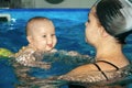 Cute little baby boy with funny grimace in a swimming pool holding by mother. Royalty Free Stock Photo