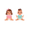 Cute little baby boy and girl characters sitting on rhe floor, stage of growing up concept vector Illustration on a Royalty Free Stock Photo