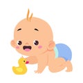 Cute Little Baby Boy or Infant in Blue Diaper Playing with Rubber Duck Vector Illustration Royalty Free Stock Photo