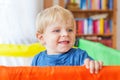 Cute little baby boy playing in colorful playpen, indoors Royalty Free Stock Photo