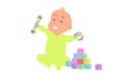 Cute little baby boy playing with rattle and colorful bricks. Cartoon vector