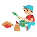 Cute little baby boy with playing in the sandbox. Toddler with toy bucket and shovel for sand. Cartoon vector Royalty Free Stock Photo