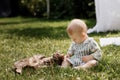 Cute little baby boy sitting on white blanket on green grass in summer, on a Sunny day, playing with a cat. Selective Royalty Free Stock Photo