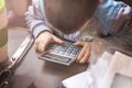 Cute little baby boy using a calculator Royalty Free Stock Photo