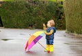 Cute little baby boy in yellow rubber boots with colorful rainbow umbrella staying on wet road after rain pointing with his finger