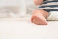 Cute little baby on carpet indoors, closeup with space for text Royalty Free Stock Photo
