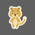 Cute little baby cheetah sticker. Cartoon animal character for kids cards, baby shower, birthday invitation, house interior.