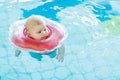 Cute little baby child learning to swim with swimming ring in an indoor pool. newborn girl or boy having fun in water Royalty Free Stock Photo