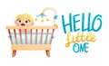 Cute little baby in crib flat vector illustration with typography