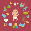 Cute little baby in diaper with newborn essentials