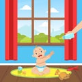 Cute Little Baby in Diaper Sitting on the Floor and Crying, Baby Needs Milk Bottle Vector Illustration Royalty Free Stock Photo