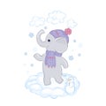 Cute Little Baby Elephant Runs In Snow And Plays With Snowflakes. Winter Children`s Vector Illustration