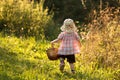 Cute baby girl with basket walking on a sunlit meadow