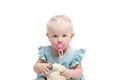 Cute little baby girl with blue eyes on white background Royalty Free Stock Photo