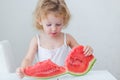 Cute little baby girl eating watermelon slice on light background Royalty Free Stock Photo