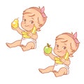 Cute little baby girl hold apple, banana and pear Royalty Free Stock Photo