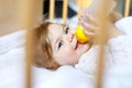 Cute little baby girl holding bottle with formula mild and drinking. Child in baby cot bed before sleeping Royalty Free Stock Photo