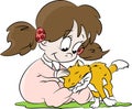 Cute little cartoon baby girl petting her cat vector illustration