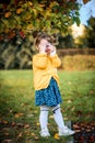 Little baby girl is playing with glasses and smiling outdoors.Sunny autumn day in the park, yellow light. soon to school Royalty Free Stock Photo