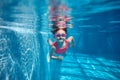 Cute little baby girl, toddler in pink swimsuit diving, swimming underwater in swimming pool. Water sports activity Royalty Free Stock Photo