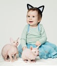 Cute little baby girl with two hairless kittens Royalty Free Stock Photo