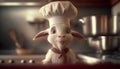 Cute little baby goat with chef hat and bow in the kitchen