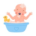 Cute Little Baby or Infant Bathing in Basin with Foam and Rubber Duck Vector Illustration Royalty Free Stock Photo