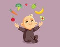 Cute Little Baby Juggling Fruits and Vegetables Vector Cartoon