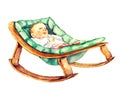 Cute little baby laying and looking in wooden cradle on green mattress, hand painted watercolor illustration