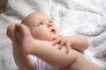 cute little baby lies on a white blanket Royalty Free Stock Photo