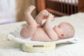 Cute little baby lying on scales at home Royalty Free Stock Photo