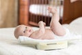 Cute little baby lying on scales at home Royalty Free Stock Photo