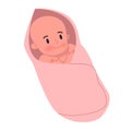 Cute little baby lying in swaddle. Newborn child. Kid in the pink