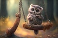 cute little baby owl is sitting on a wooden swing in the forest Royalty Free Stock Photo